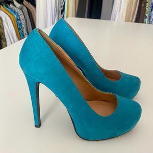 Blue stiletto platform suede heels